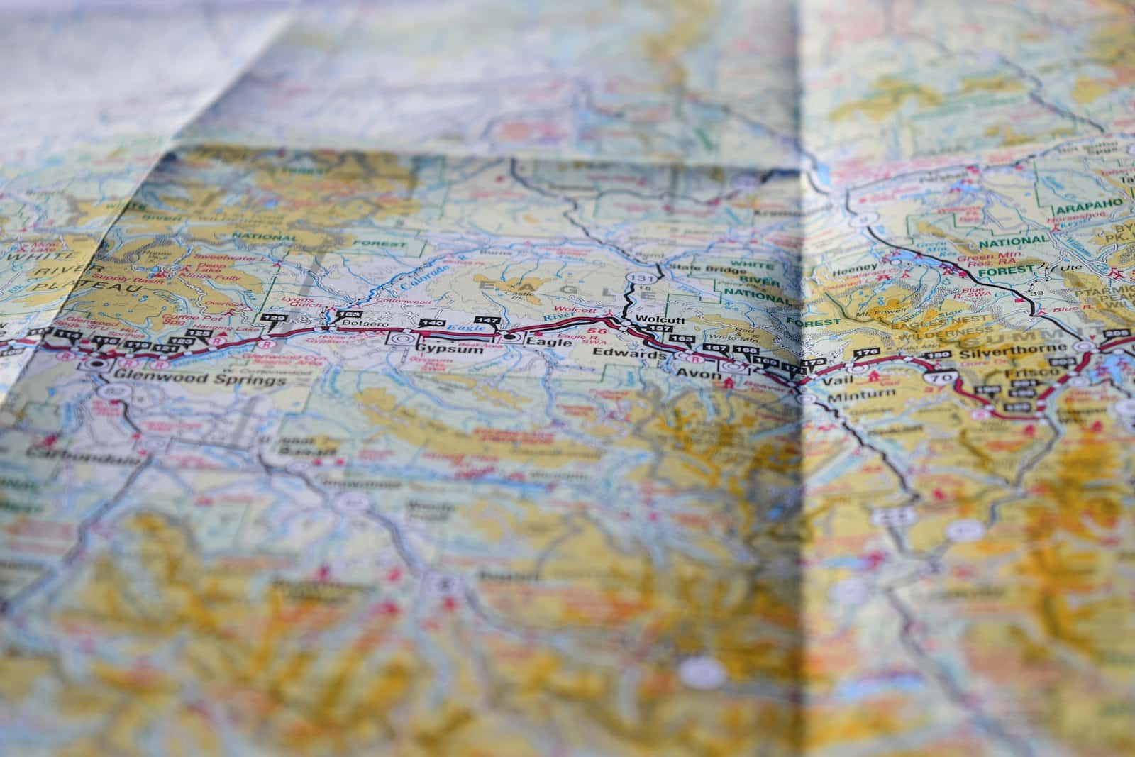 A folded road map, close up